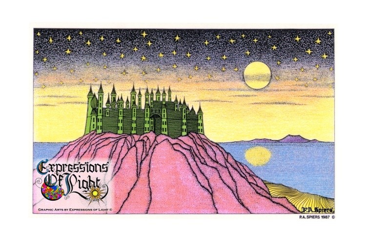 ExpoLight-Graphic-Arts-Emerald-Castle-Sunset-1987-0001 (Pen-&-Ink-Coloured-SP)