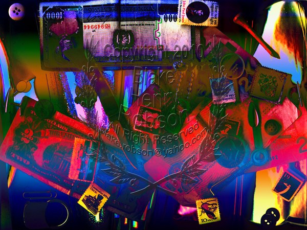 Cash, stamps and beyond color collage