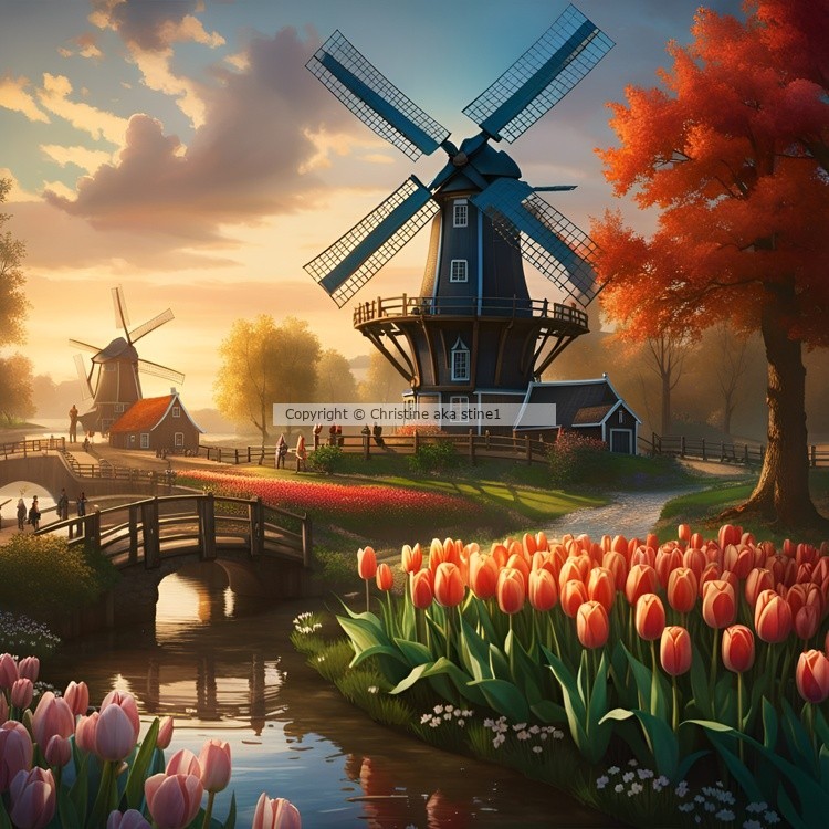 Windmill in Dutch Countryside by River with Tulips