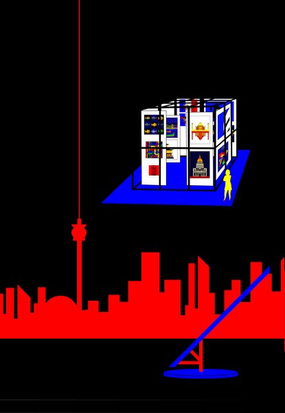 Cube in Toronto with Toronto Skyline and the Floating Sculpture T in Lake Ontario
