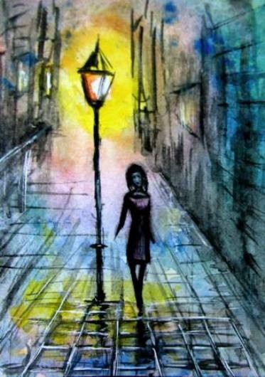 Walk alone in the rain aceo painting