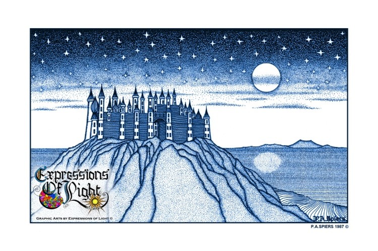 ExpoLight-Graphic-Arts-Emerald-Castle-Sunset-1987-0001 (Pen-&-Ink-Blue-Sepia-SP)