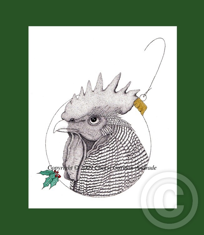 Christmas Rooster Pen and Ink Pointillism