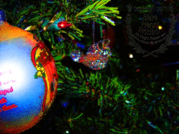 Christmas tree, ornaments, tinsel & colorful light