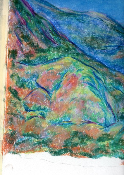 detail of unfinished pastel drawing of Mountains