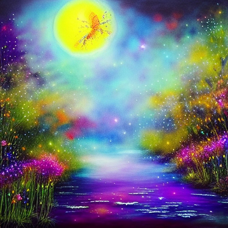 Moonlit stream ink and water art
