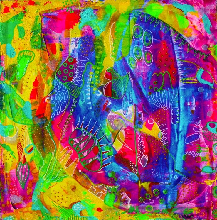 487. Beautiful colorful abstract paradise Acrylic, Watercolor on Canvas 50x50cm, 2023