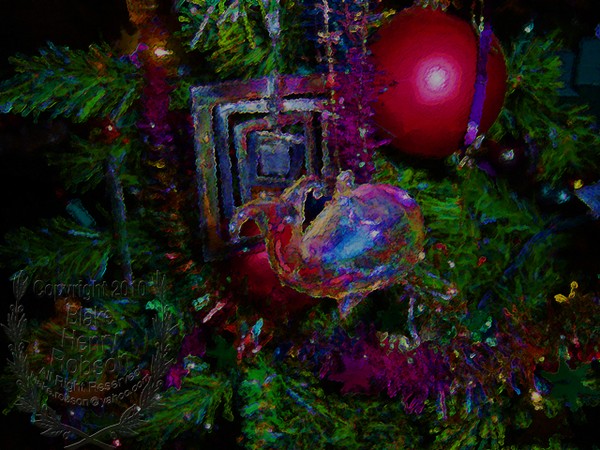 Christmas tree, ornaments, tinsel & colorful light