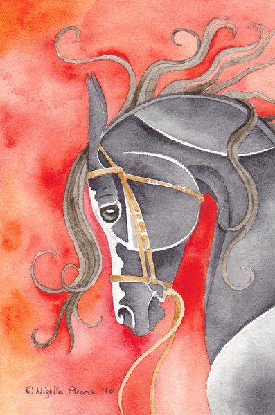 Black Horse With Snaffle Bridle On Red