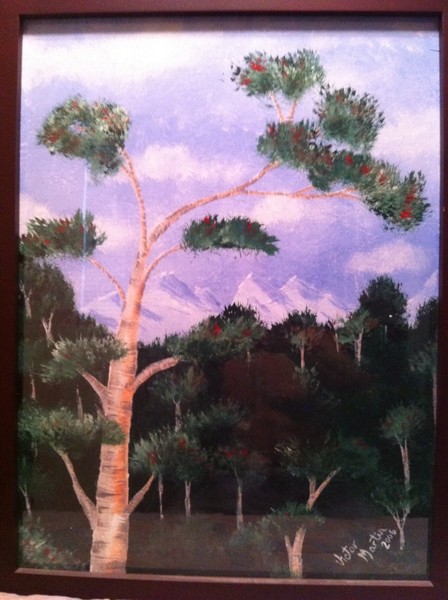 Blue sky's mountains and white trees 18 X 24