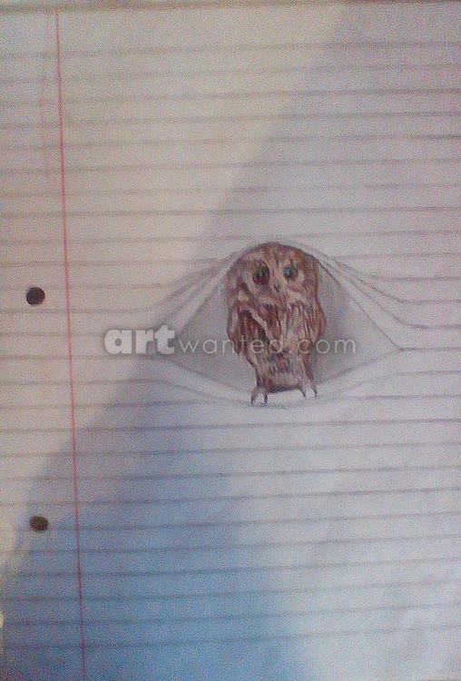 3-D owl peeking through paper