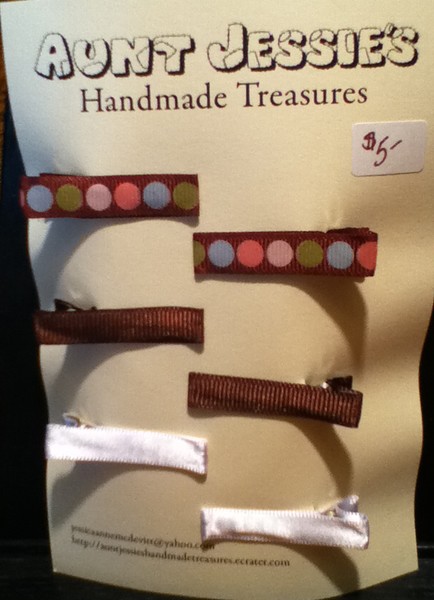 6 Ribbon Covered Clips- White, Dots, Brown