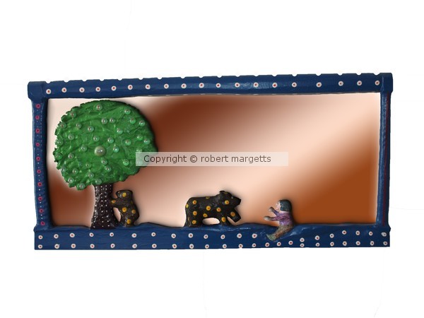 BOY PLAYING WITH BEARS in copper tube