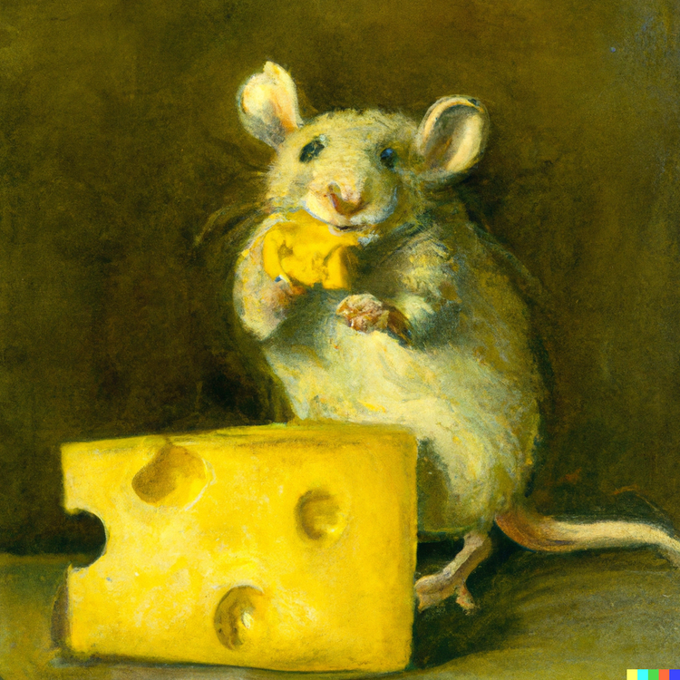 A mouse snacking on a large chunk of cheese