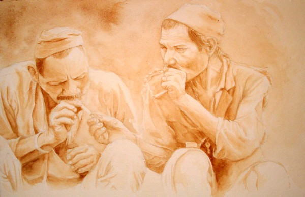 Smoking in Nepali style.