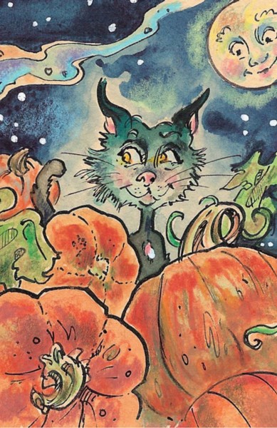 Black cat with pumpkins