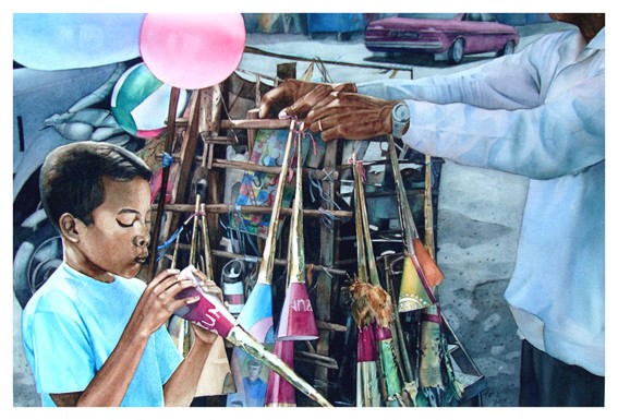 penjual terompet dan anak kecil