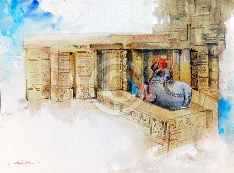 Waiting Shiv Milind Bhanji Watercolor 12x16 Inch