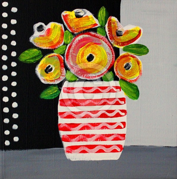 Roses in a red stripy pot