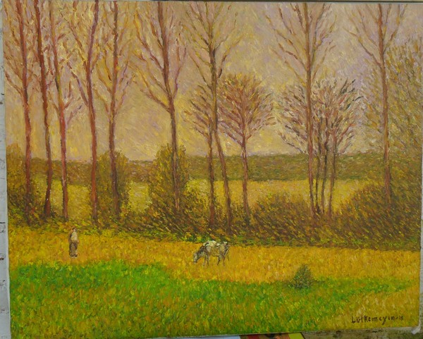 Prado com camponesa e vaca