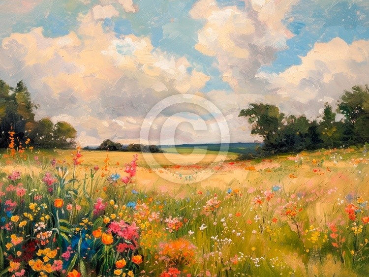 Spring Print, Flower Field Landscape Printable Art, Flower Meadow Oil Painting, Vintage Style decor