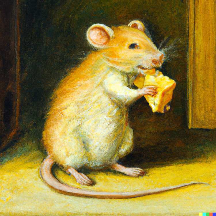 A mouse eating a piece of cheese, version one