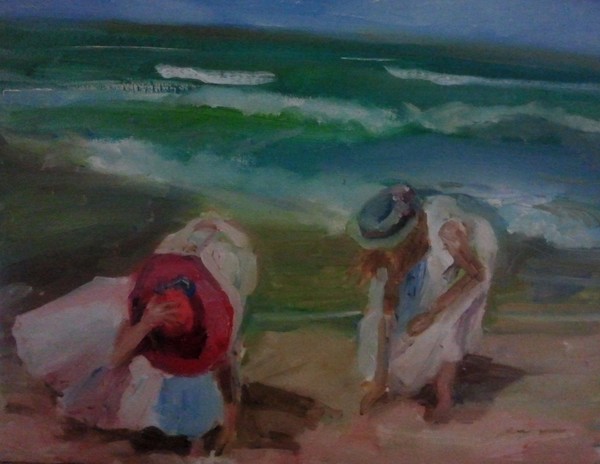 Oil painting  portrait two girls at the beach