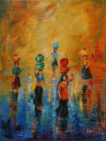Original OIL Painting WOMEN CARRYING WATER