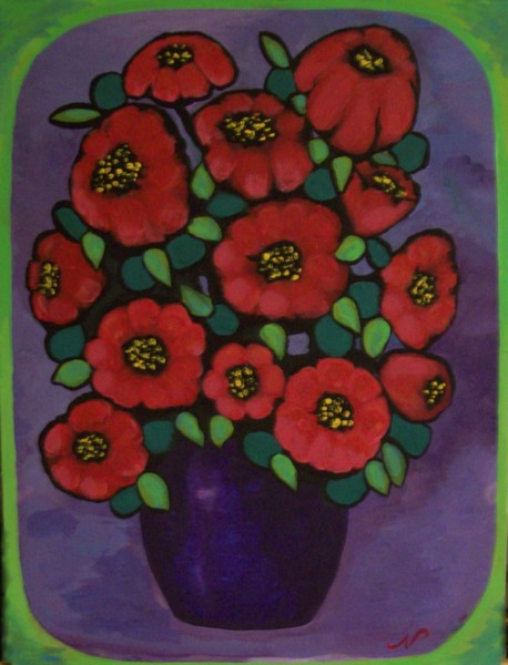 Red Flowers Purple Vase