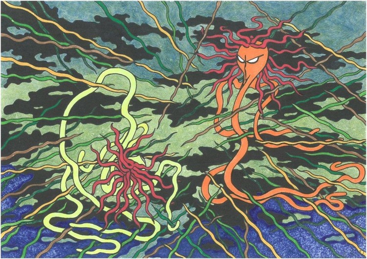 Somewhere in the World of Fantasy, outsider illustration, contemporary drawing, fantasy story