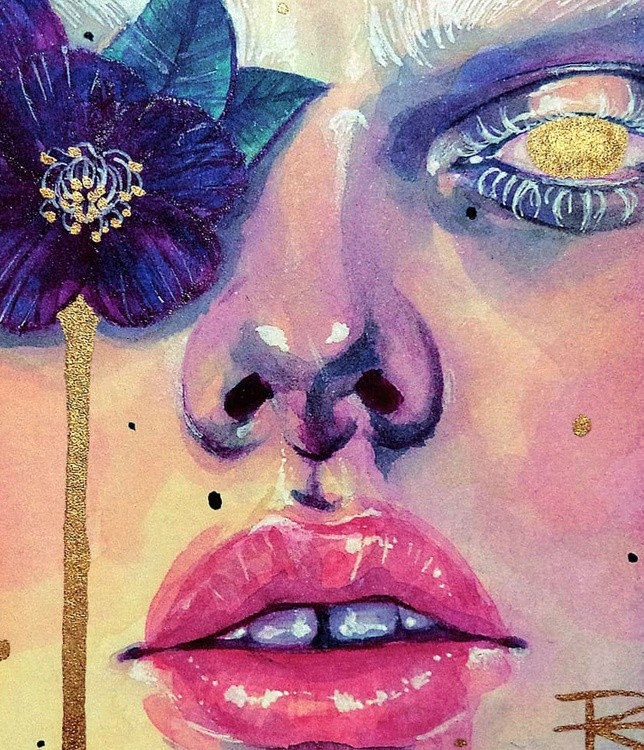 Purple flower tears out of gold