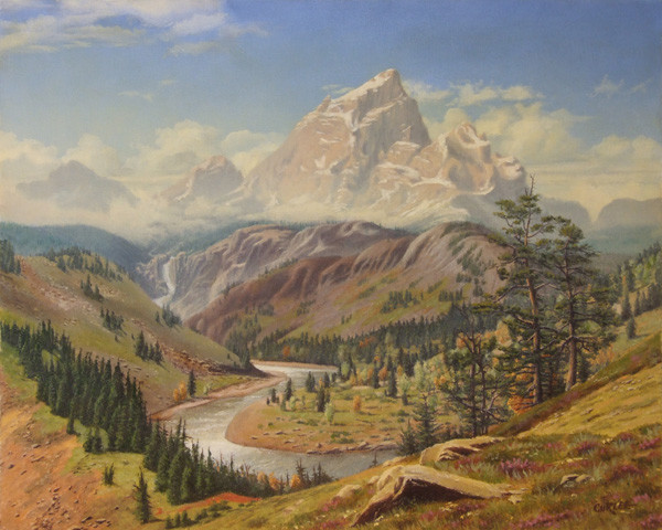 Stream Mountains Panorama Landscape Oil Painting