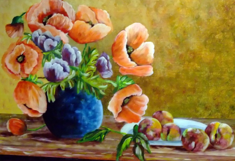 Papavers in blauwe vaas