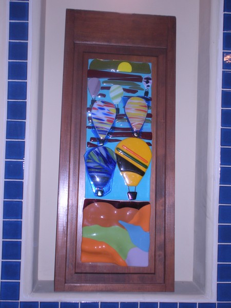 Over mountain, stream Air balloon fused glass