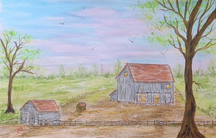 THE OLD BARN. WATERCOLOR
