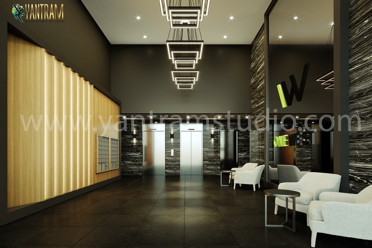 3d interior design rendering views of the lobby, Houston – Texas