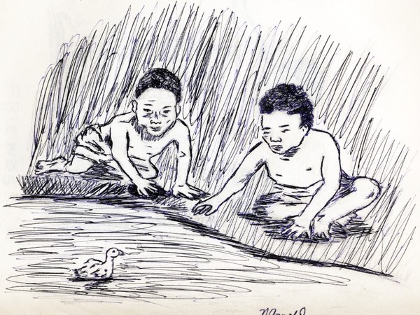 Two kids and a duck