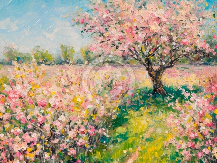 Spring Print, Flower Field Landscape Printable Art, Flower Meadow Oil Painting, Vintage Style decor