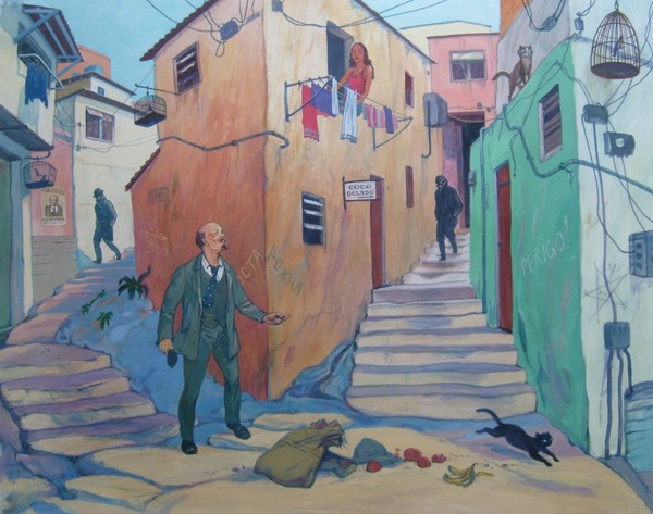 Lenin que foge de esbirros do tzar pelas favelas d