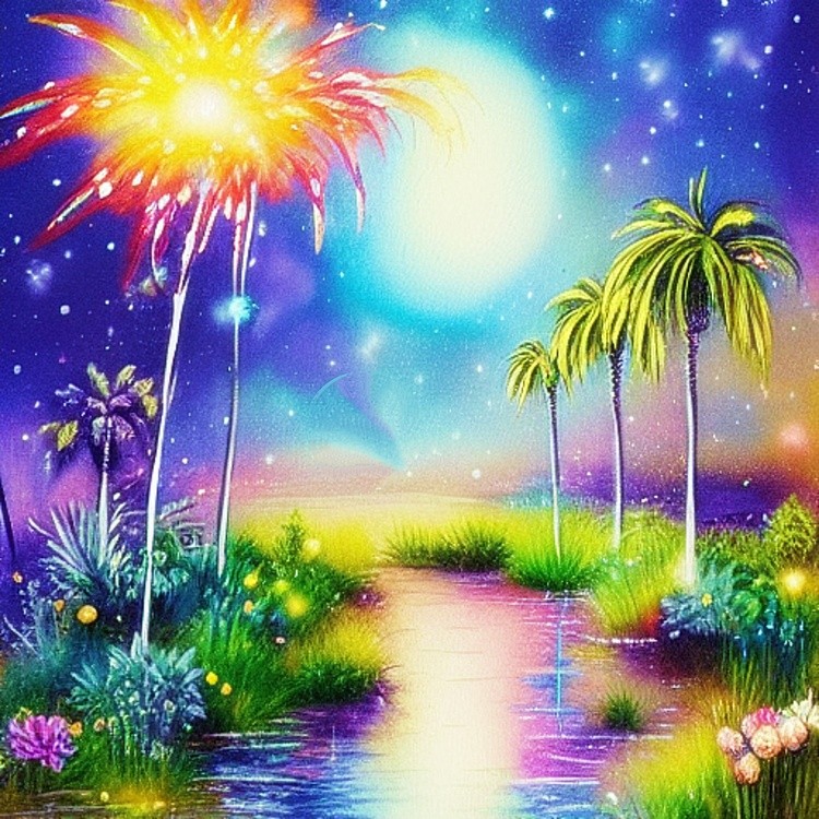 Tropical pond ink and water art