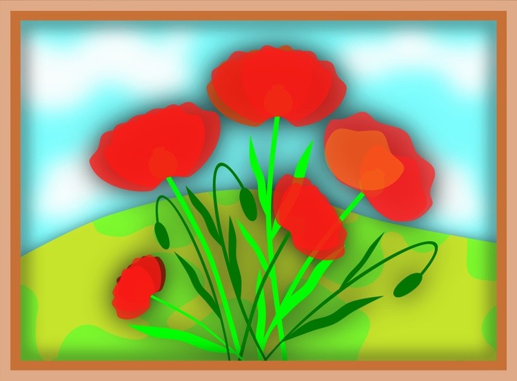 A bouquet of poppies in a frame