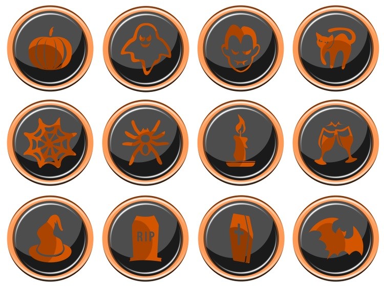 Dark background with three pumpkins and spiders for Halloween