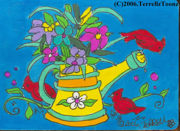 Watering Can Bouquet & Cardnials ACEO