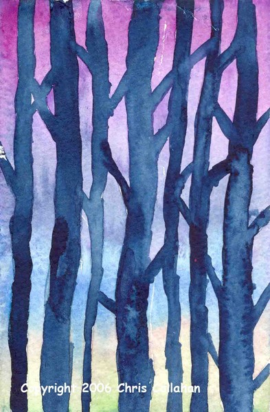 Winter trees at dusk ACEO