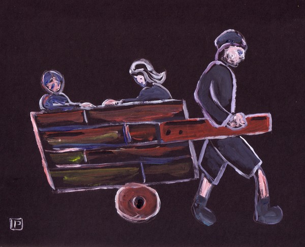 A BOYPULLING A CART