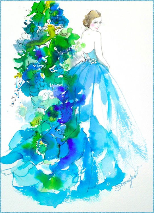 Bride with a delphinium flower train