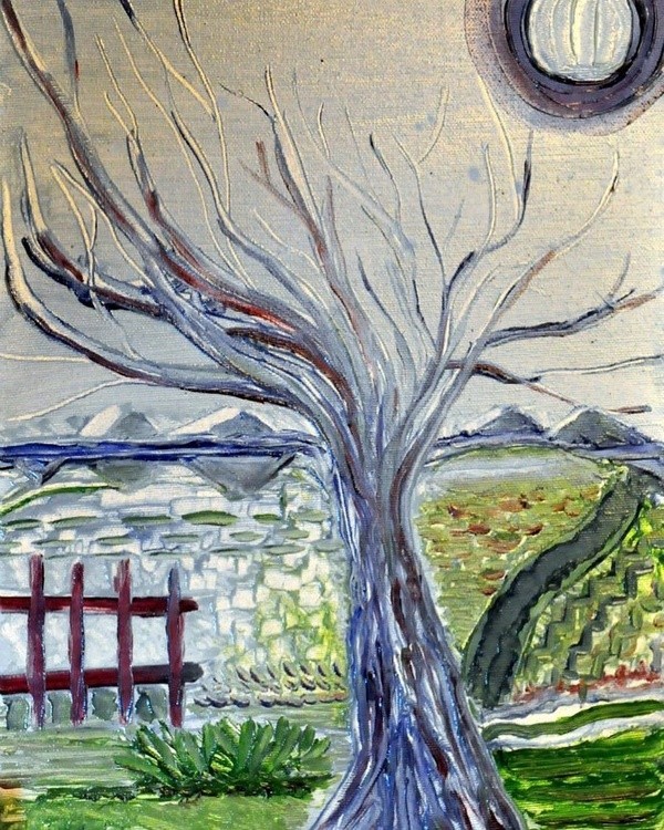 landscape tree Field fence sunset oilpainting impression freehand sunnyday ocean blue  turquoise ori