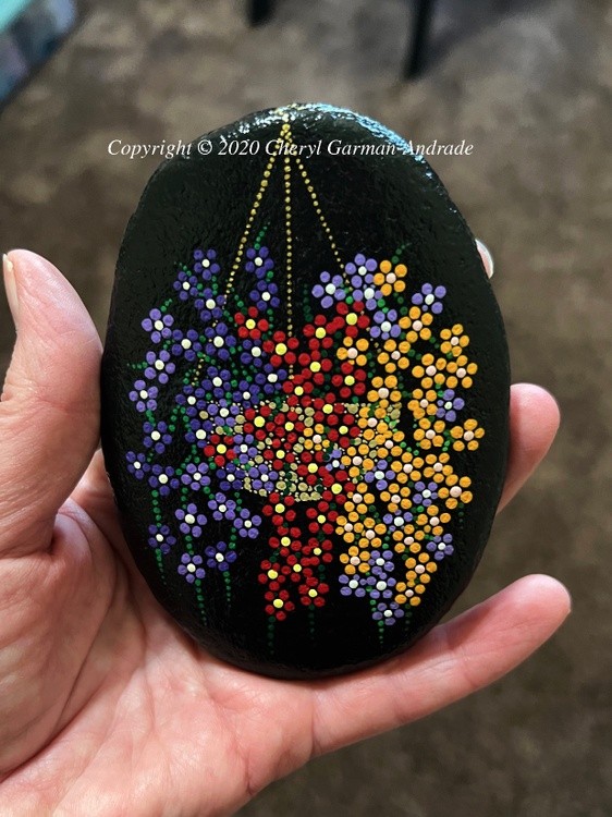 Purple & Orange Hanging Flower Basket Dot Art River Stone