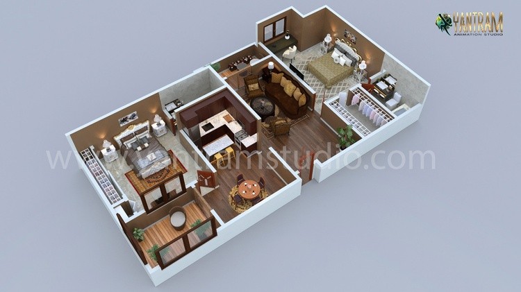Modern Residential 3d floor plan design with 2 bedrooms, Boston - Massachusetts 