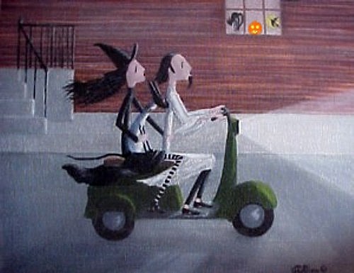 A WITCH A CAT AND A GHOST ON A SCOOTER